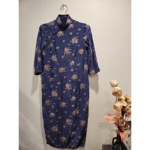 Vintage Blue Silk Cheongsam Dress - Floral‎ Pattern, Lined Chipao
